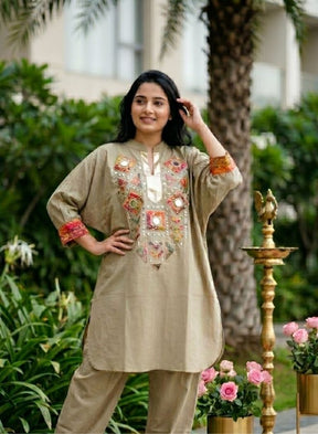 Beige Embroidered Kurta Pant Set for Women