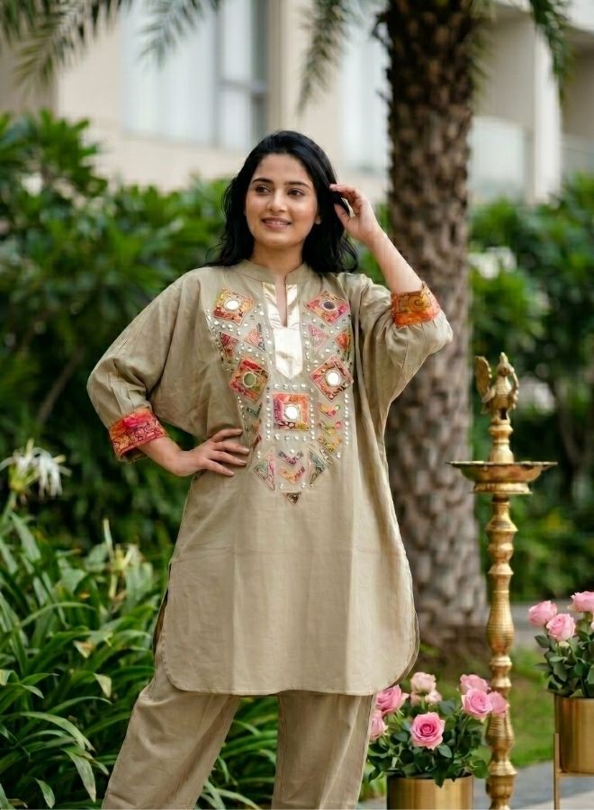 Beige Embroidered Kurta Pant Set for Women