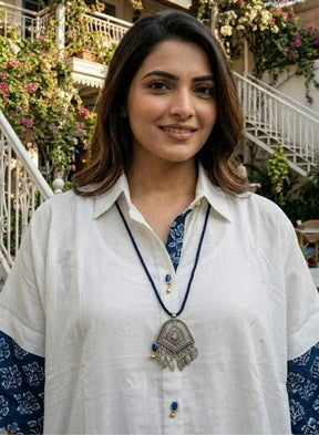 White & Navy Blue Printed Cotton Co-ord Set for Women