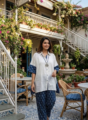 White & Navy Blue Printed Cotton Co-ord Set for Women