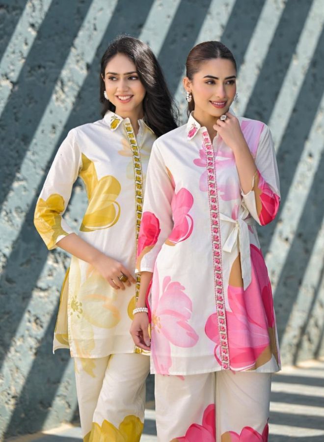 Pink Floral Shirt-Style Kurta Set