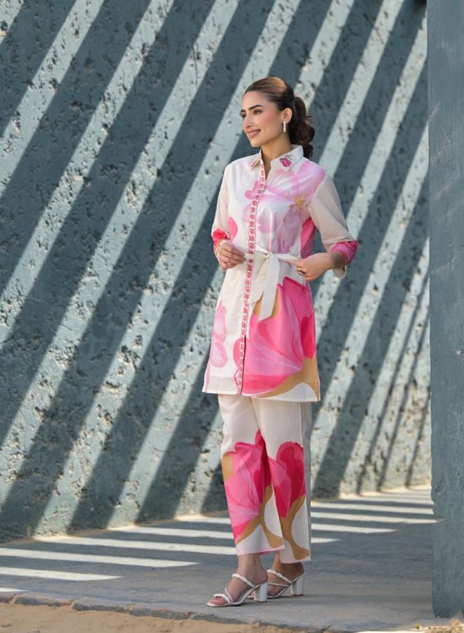 Pink Floral Shirt-Style Kurta Set