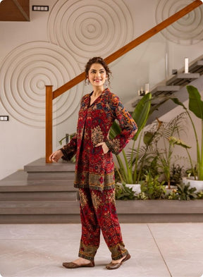 Rust & Red Collar Neck Printed Kurta Set