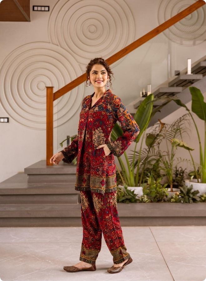 Rust & Red Collar Neck Printed Kurta Set