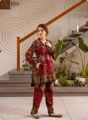 Rust & Red Collar Neck Printed Kurta Set