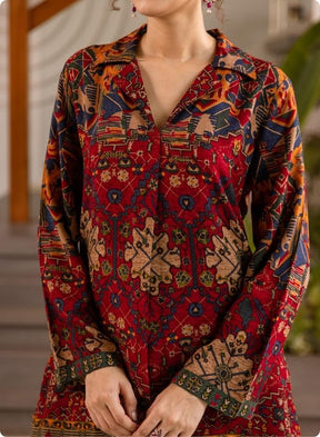 Rust & Red Collar Neck Printed Kurta Set