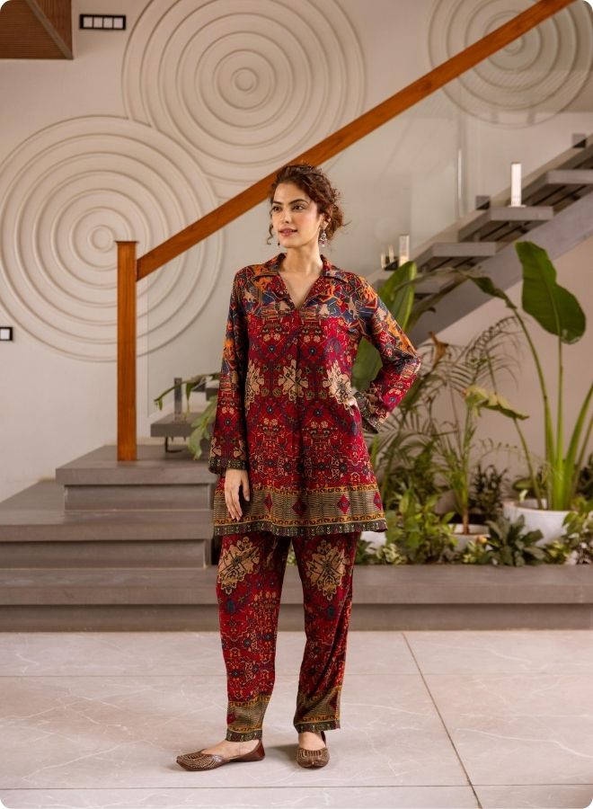 Rust & Red Collar Neck Printed Kurta Set