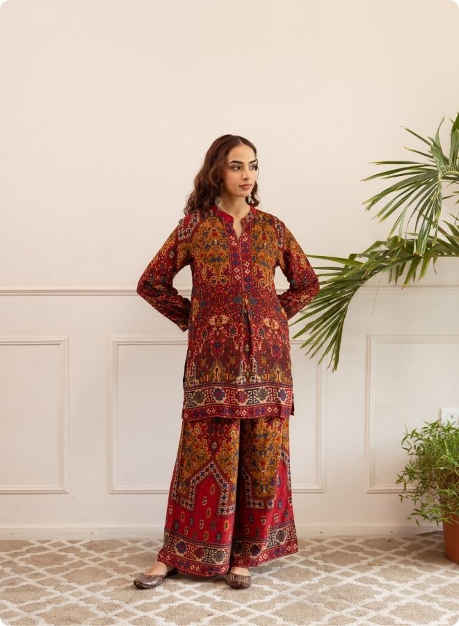 Rust & Maroon Ethnic Print Kurta Set
