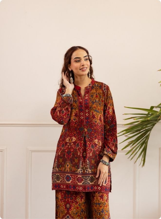 Rust & Maroon Ethnic Print Kurta Set