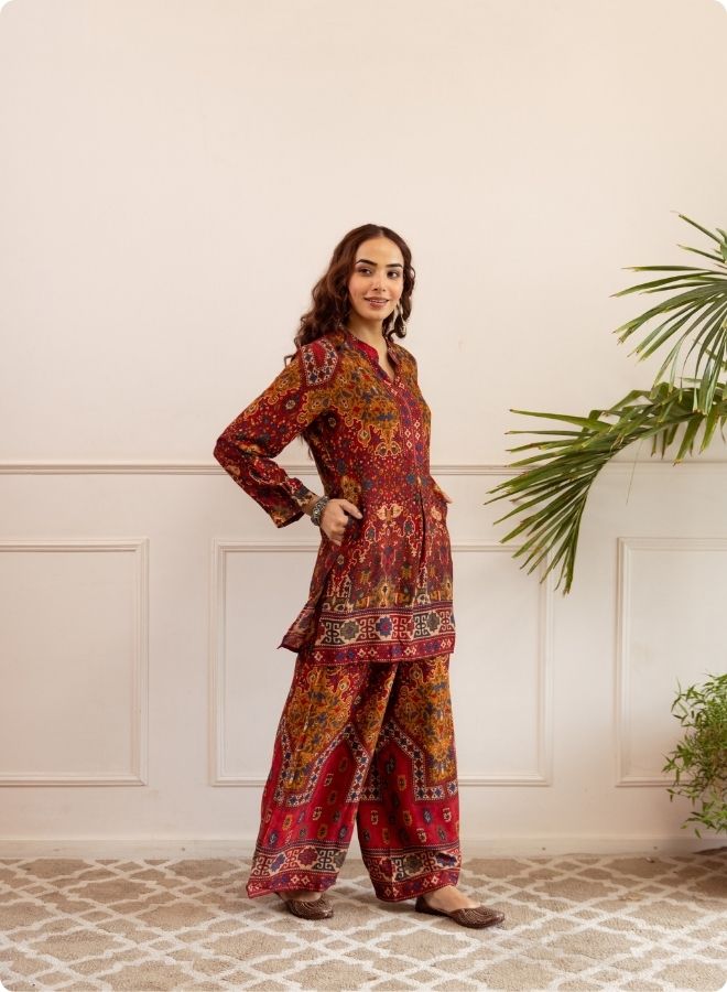 Rust & Maroon Ethnic Print Kurta Set