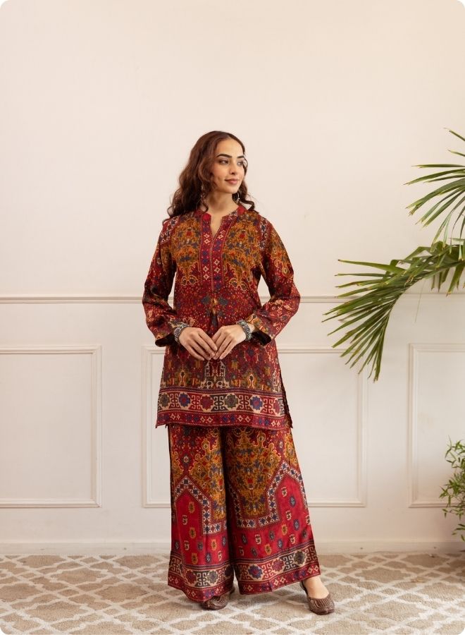 Rust & Maroon Ethnic Print Kurta Set