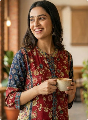 Maroon Floral Printed Mixed Kurta Set