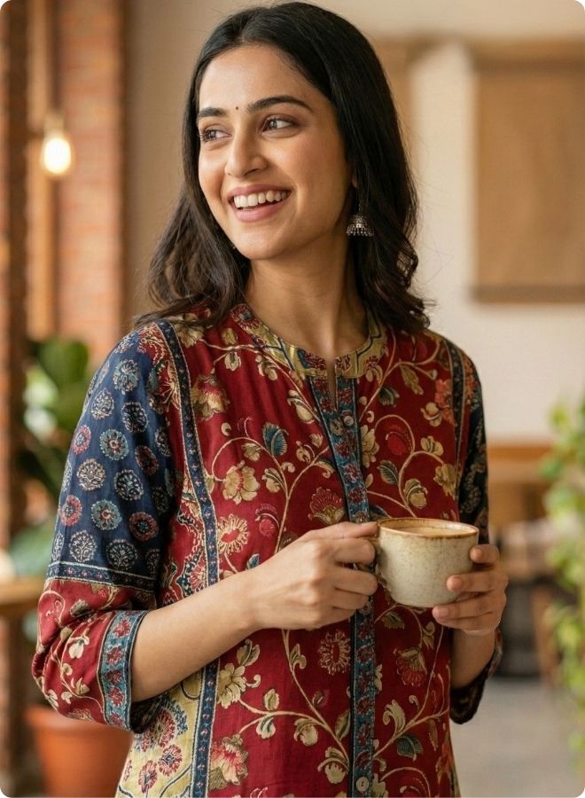 Maroon Floral Printed Mixed Kurta Set