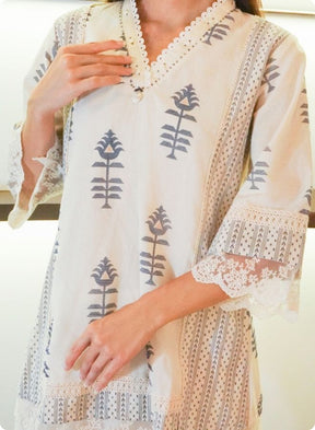 Ivory Printed Cotton Co-Ord Set with Lace Detailing