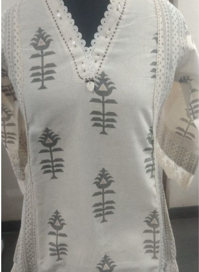 Ivory Printed Cotton Co-Ord Set with Lace Detailing