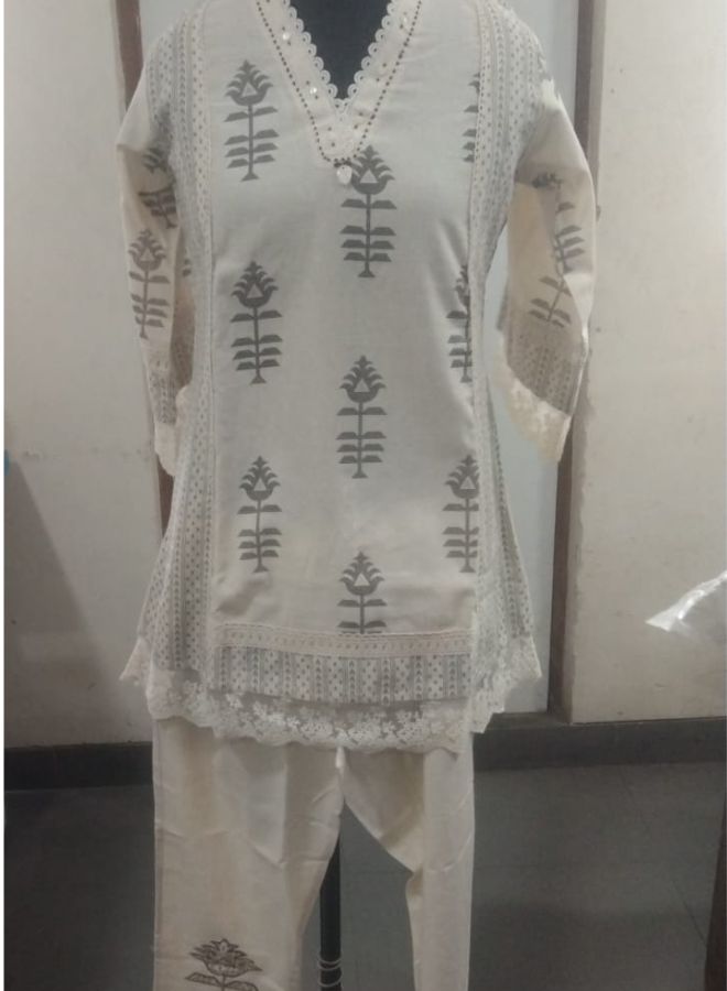 Ivory Printed Cotton Co-Ord Set with Lace Detailing