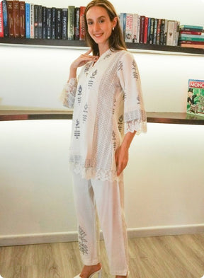 Ivory Printed Cotton Co-Ord Set with Lace Detailing
