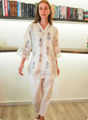 Ivory Printed Cotton Co-Ord Set with Lace Detailing