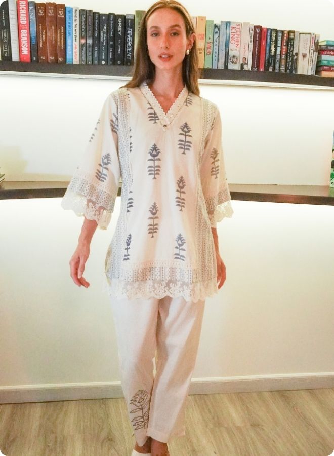 Ivory Printed Cotton Co-Ord Set with Lace Detailing