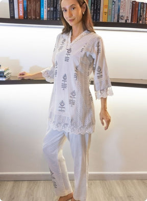 Ivory & Blue Floral Printed Cotton Co-Ord Set with Lace Trim