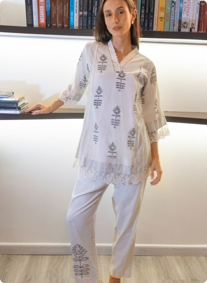 Ivory & Blue Floral Printed Cotton Co-Ord Set with Lace Trim
