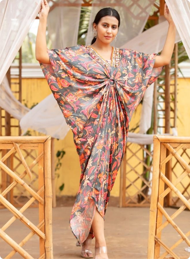 Grey Floral Wrap Kaftan Kurta