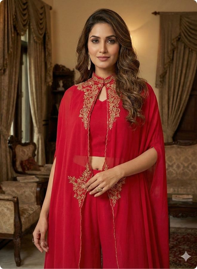 Rani Pink Embroidered Cape Set