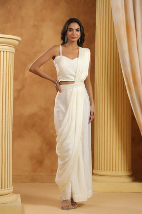 White Embroidered Women Pre-Draped Saree