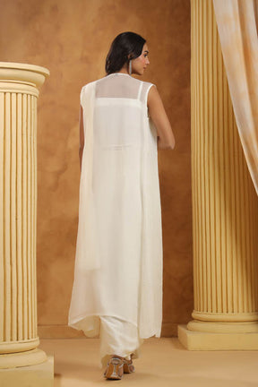 White Embroidered Women Pre-Draped Saree