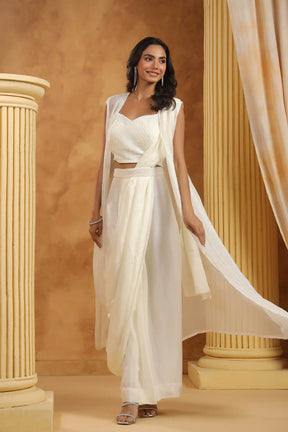 White Embroidered Women Pre-Draped Saree