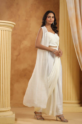 White Embroidered Women Pre-Draped Saree