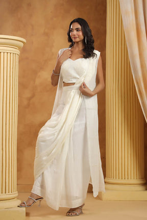 White Embroidered Women Pre-Draped Saree