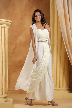 White Embroidered Women Pre-Draped Saree
