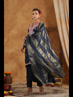 Navy Blue Embroidered Women Asymmetric Kurta Set