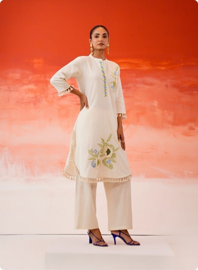 Cream Embroidered Floral Anarkali Kurta Set