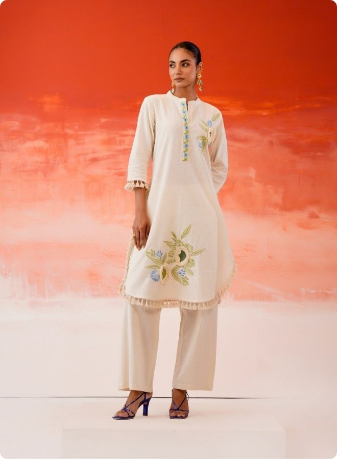 Cream Embroidered Floral Anarkali Kurta Set