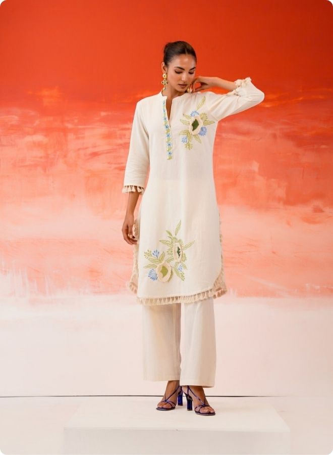 Cream Embroidered Floral Anarkali Kurta Set