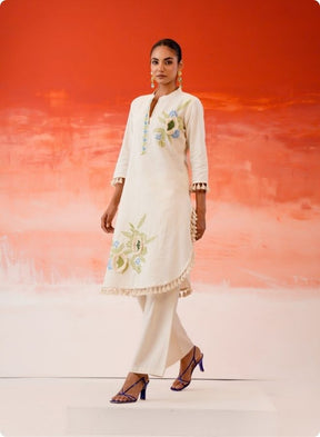 Cream Embroidered Floral Anarkali Kurta Set