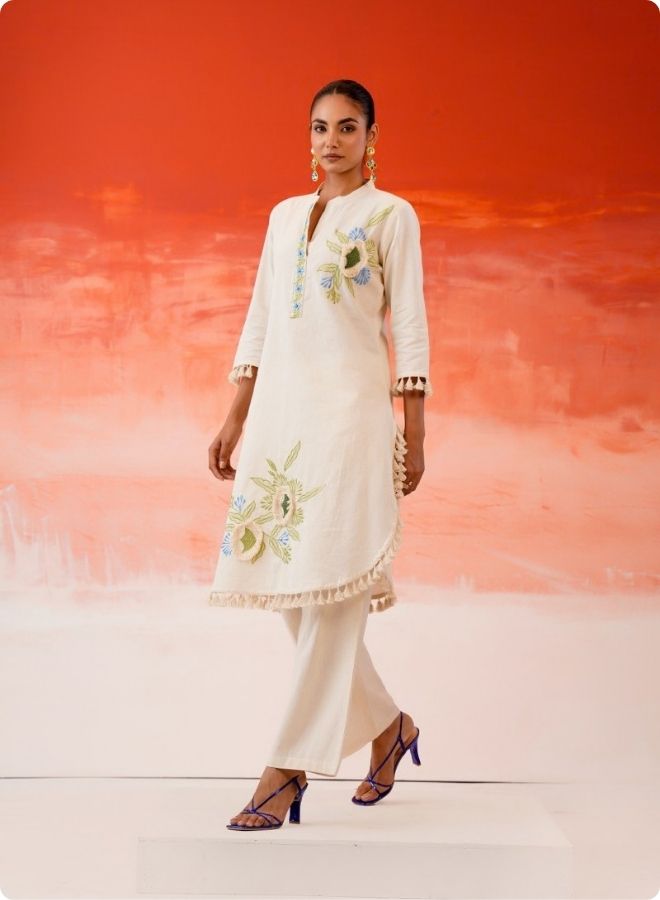 Cream Embroidered Floral Anarkali Kurta Set