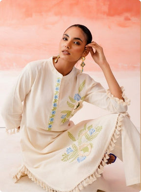 Cream Embroidered Floral Anarkali Kurta Set