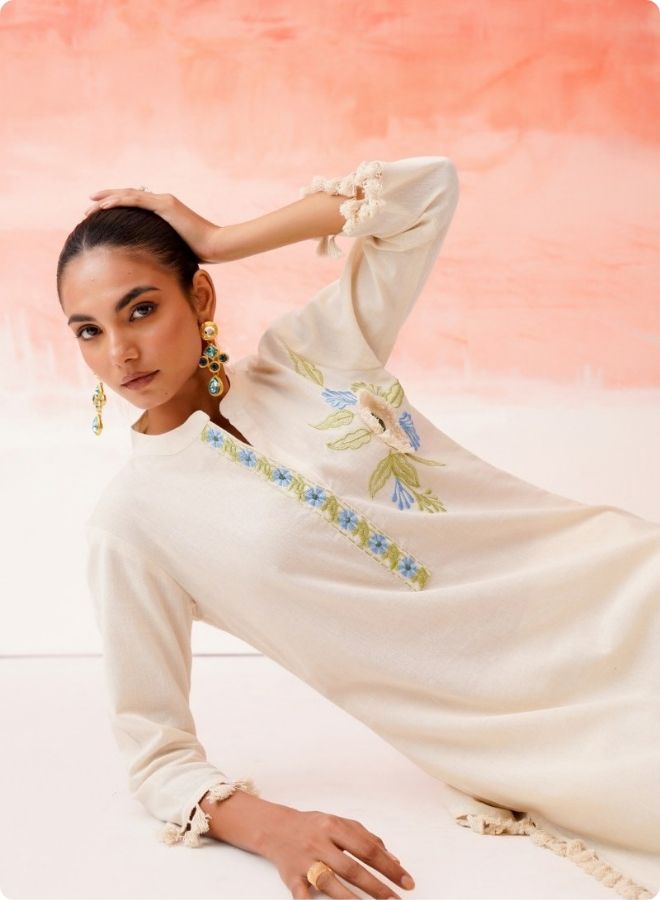 Cream Embroidered Floral Anarkali Kurta Set