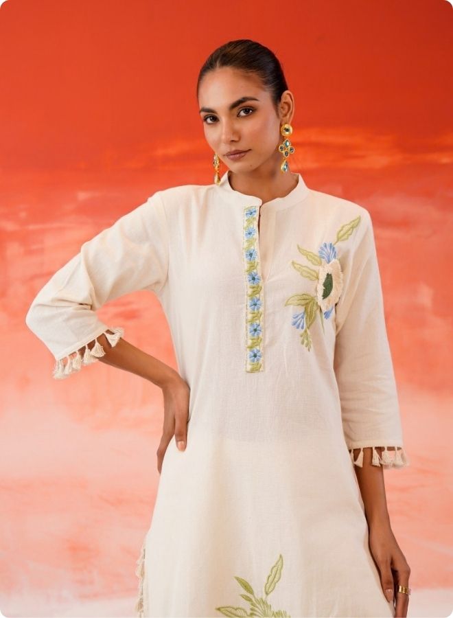 Cream Embroidered Floral Anarkali Kurta Set
