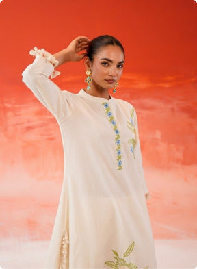 Cream Embroidered Floral Anarkali Kurta Set