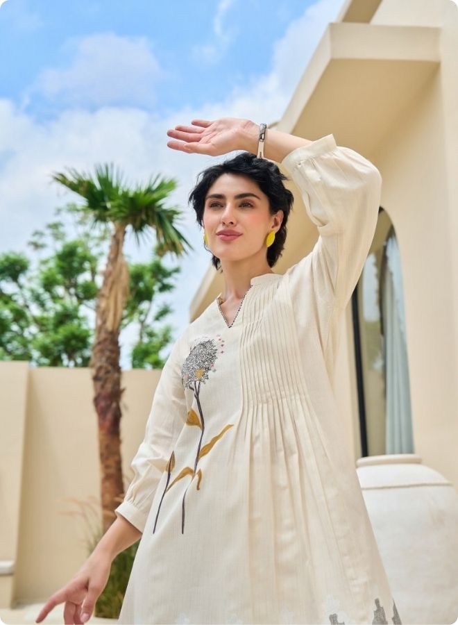 Cream Rose Embroidered Pleated Kurta Set