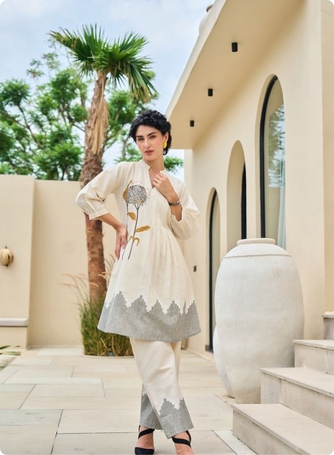 Cream Rose Embroidered Pleated Kurta Set