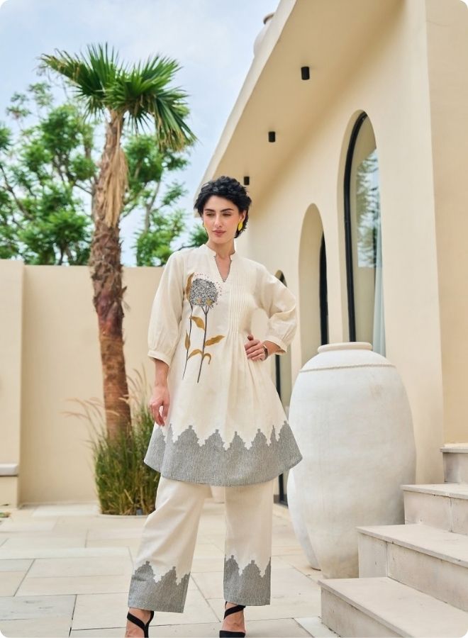 Cream Rose Embroidered Pleated Kurta Set