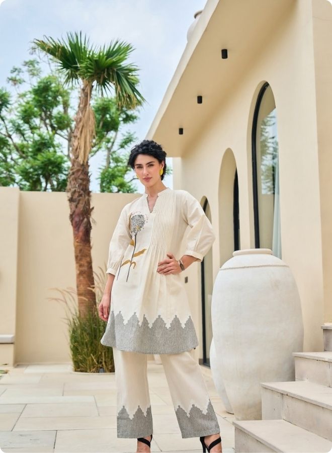 Cream Rose Embroidered Pleated Kurta Set