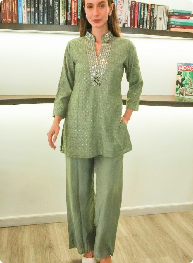 Mehndi Green Mirror Work Co-Ord Set