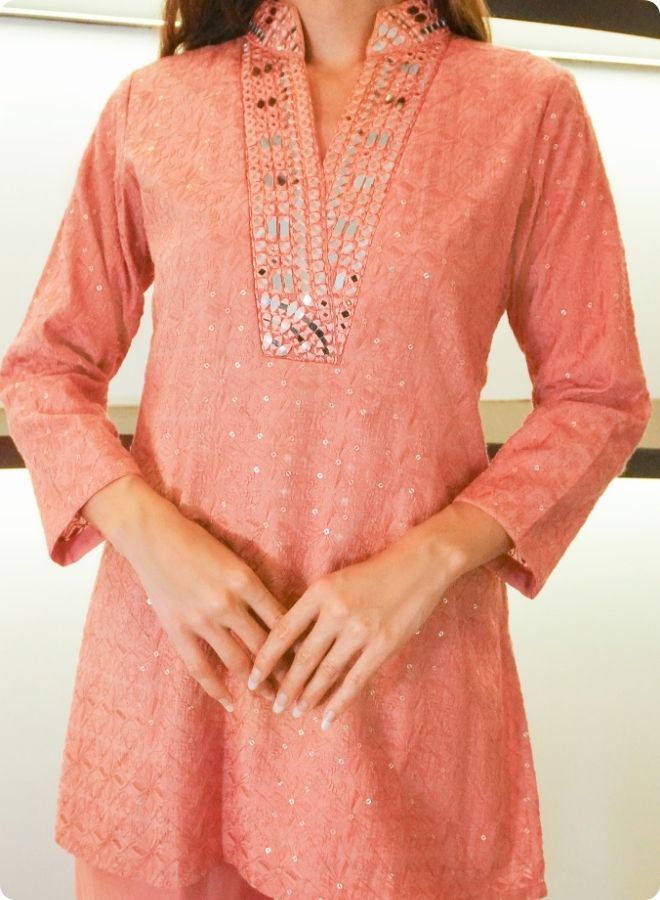 Peach Mirror Work Co-ord set with Embroidered Detailing
