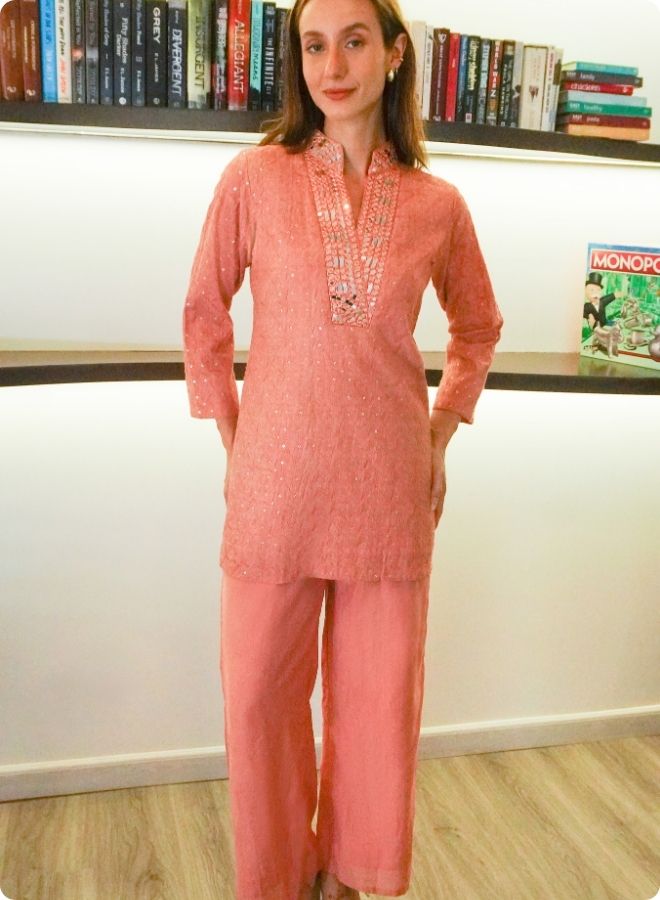Peach Mirror Work Co-ord set with Embroidered Detailing